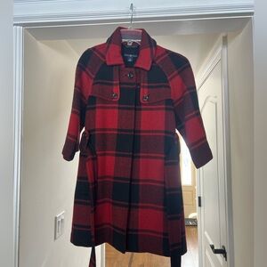 Gap red and black plaid pea coat with 3/4 length arms and a tie